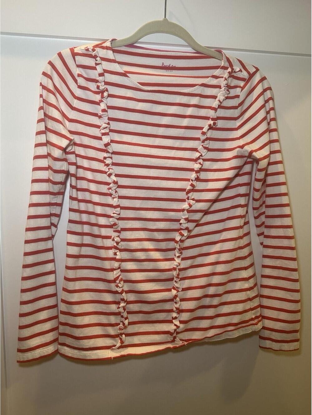 Boden Women's Striped Long Sleeve Shirt Red and white w/ Ruffle Detail  Size 6